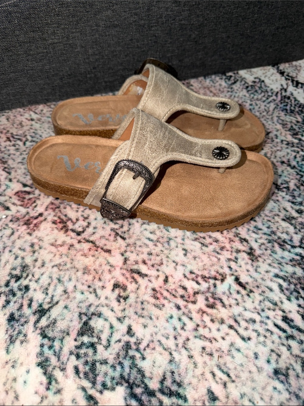 Very G Neutral Beige Suede Buckle Thong Sandals